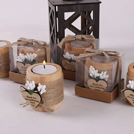 10 Pck Wood Tealight Candle Holder, Bridal Shower Tealight Holder Thank You Gifts, Wedding Party Favors for Guests, Wooden Cylinder Candle Holders for Table Centerpiece (Heart Tag, Light Brown) {4}