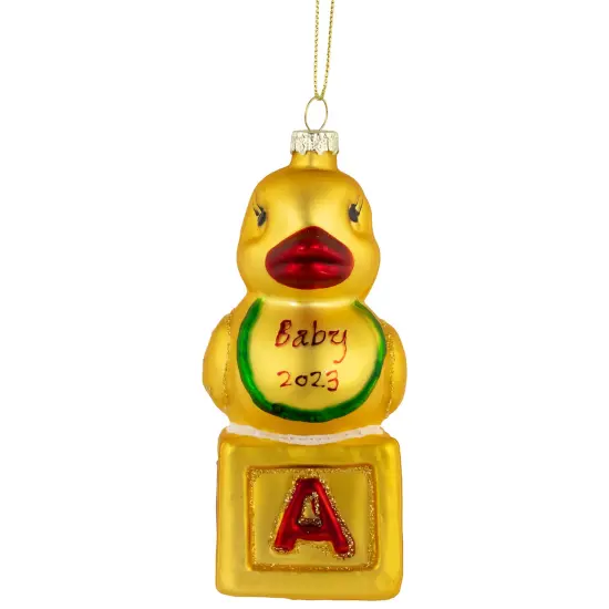 Northlight Ducky New Baby 2023 Glass Christmas Ornament - 5" Yellow {1}