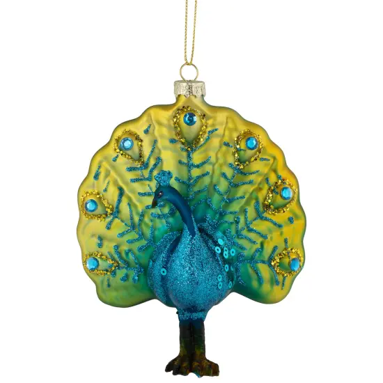 Northlight Standing Glittered Peacock Glass Christmas Ornament - 4.75"- Yellow and Blue {1}