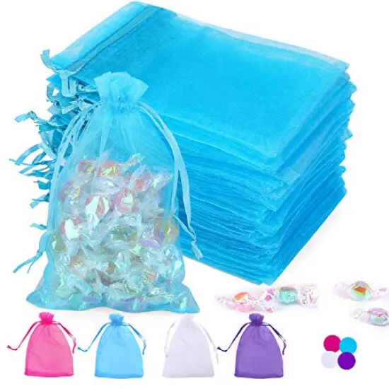 100PCS Blue Sheer Organza Bags Gift Drawstring Pouch for Jewelry Party Wedding Favor Party Festival Candy Bags (4x6) {1}