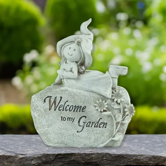 Northlight 7.5" Girl Laying on Rock "Welcome To My Garden" Outdoor Garden Statue White {3}