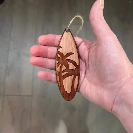 Palm Tree Surfboard - Cedar Ornament {6}