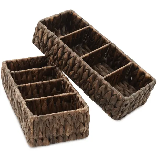 Casafield Set of 2 Water Hyacinth Divided Basket Organizers - Woven Bins for Bathroom, Bedroom, Laundry, Pantry, Shelves {1}