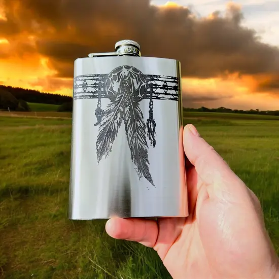 8oz Native American Feather Band Stainless Steel Flask {2}