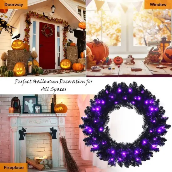 24 Inch Pre-lit Halloween Wreath with 35 Purple LED Lights {5}