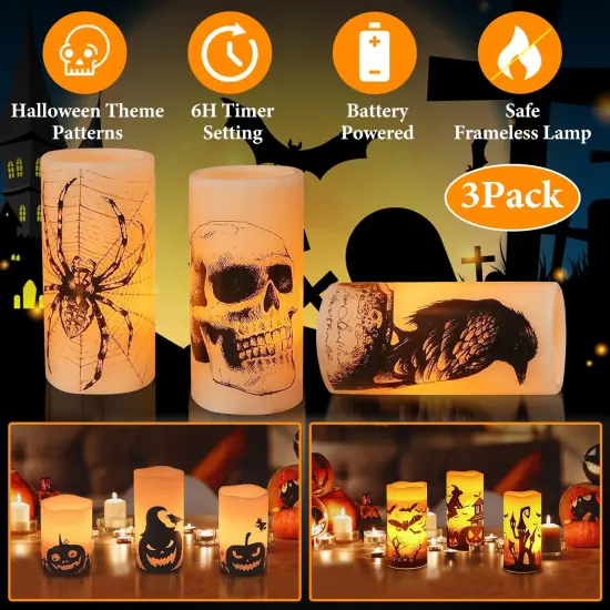 Halloween Party Decoration - 3 Pack Halloween Flameless Candle Lamp with Timer Setting and Battery Operated {7}