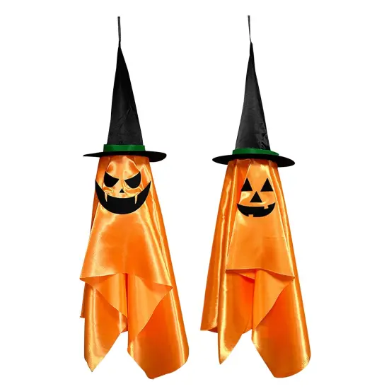 Halloween Party Hanging Decorations | 2 Pack Hanging Ghosts with Pumpkin Wizard Hat {1}