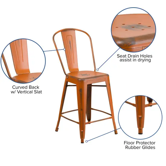 Merrick Lane Sabine Metal Indoor-Outdoor Counter Stool with Vertical Slat Back and Integrated Footrest Orange {2}