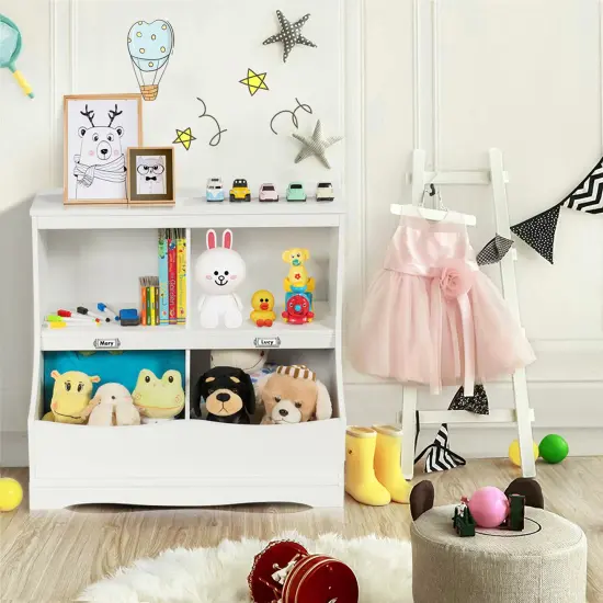 Costway Children's Multi-Functional Bookcase Toy Storage Bin Kids Floor Cabinet GreyWhite {7}