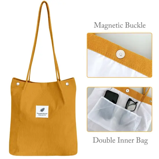Wrapables Corduroy Tote Bag, Casual Everyday Shoulder Handbag, 2pc FtGreen/Marigold {3}
