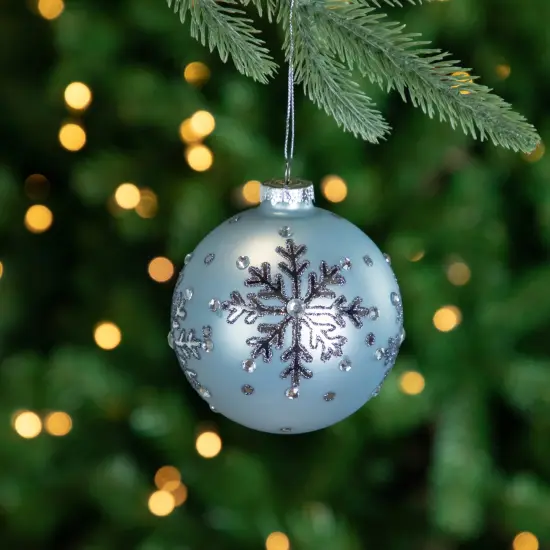 Northlight Mirror Glittered Snowflakes Christmas Glas Ball Ornaments - 4" - Steel Blue - Set of 2 {3}