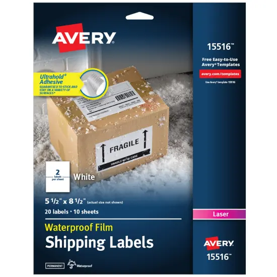 Avery Waterproof Shipping Labels with Ultrahold Permanent Adhesive, 5-1/2" x 8-1/2", 20 Labels for Laser Printers (15516) {1}