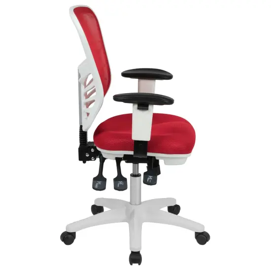 Emma and Oliver Mid-Back Mesh Triple Paddle Swivel Ergonomic Office Chair with Adjustable Arms Red Mesh/White Frame {5}