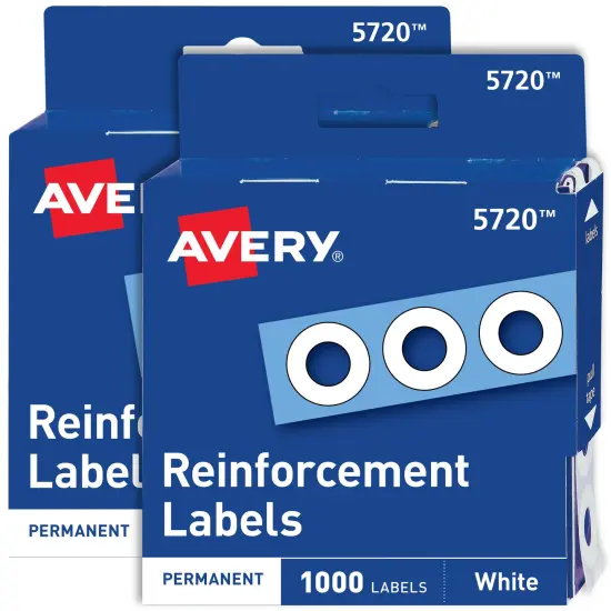 Avery Self-Adhesive Hole Reinforcement Stickers, 1/4" Diameter Hole Punch Reinforcement Labels, White, Non-Printable, 1,000 Labels Per Pack, 2-Pack, 2,000 Labels Total (5615) {1}