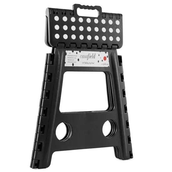 Casafield 16" Folding Step Stool with Handle, Black - Portable Collapsible Small Plastic Foot Stool for Adults - Use in the Kitchen, Bathroom and Bedroom {2}
