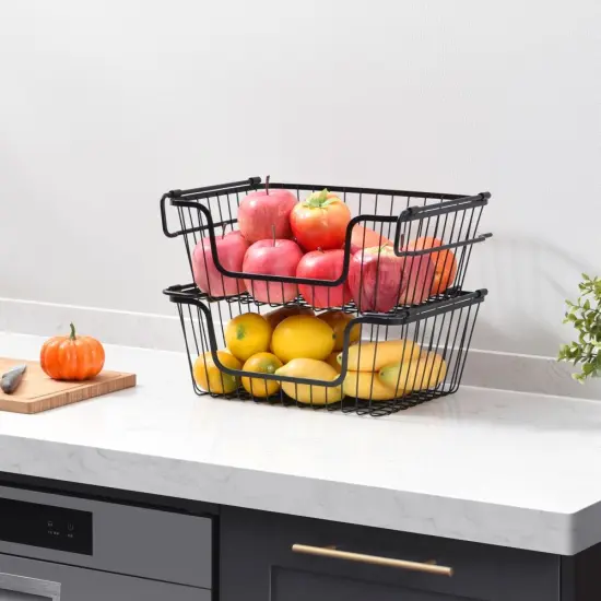 Oceanstar Stackable Metal Wire Storage Basket Set for Pantry, Countertop, Kitchen or Bathroom, Black, Set of 2 {2}