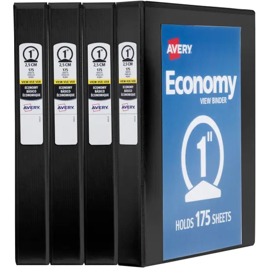 Avery Economy View 3 Ring Binders, 1" Round Rings, 4 Black Binders (19203) {1}