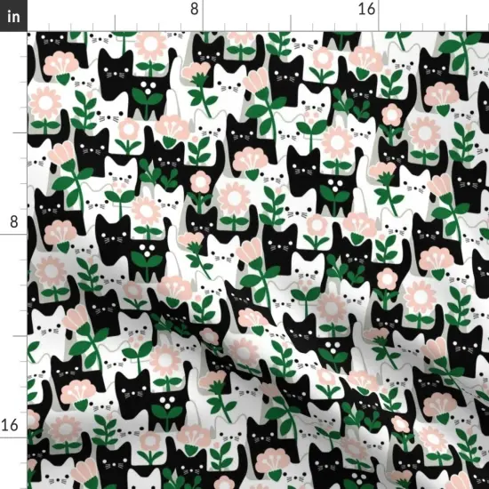 Various Fabrics by the Yard or Fat Quarter Whimsical Cats Black And White Flowers Garden Kitten Cute Folk Art Dollhouse Small Scale Leaves Cat Faces Playful Kittens Abstract Custom Printed Fabric by Spoonflower {2}