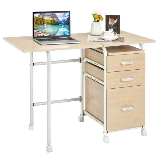 Costway Folding Computer Laptop Desk Wheeled Home Office Furniture w/3 Drawers Brown/Natural {7}