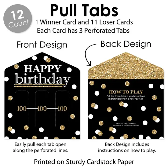 Big Dot of Happiness Adult 100th Birthday - Gold - Birthday Party Game Pickle Cards - Pull Tabs 3-in-a-Row - Set of 12 {5}