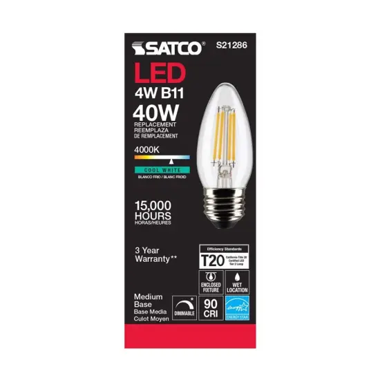 6Pk - Satco 4w B11 LED 4000K Medium Base Dimmable - 40w equiv Cool White {5}