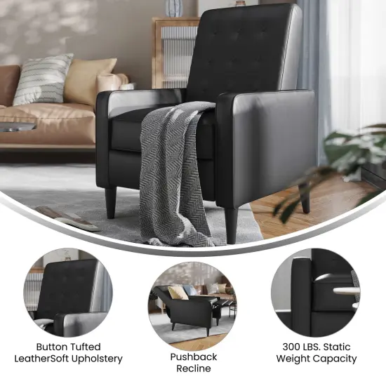 Merrick Lane Darcy Recliner Chair Mid-Century Modern Faux Leather Tufted Upholstery Ergonomic Push Back Living Room Recliner Light Gray {10}