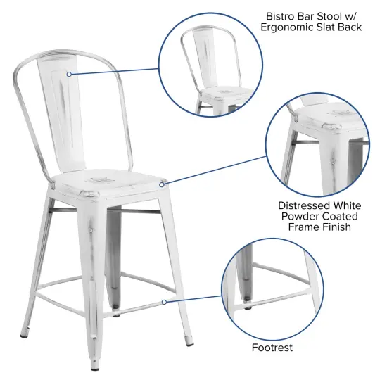 Merrick Lane Sabine Metal Indoor-Outdoor Counter Stool with Vertical Slat Back and Integrated Footrest White {2}
