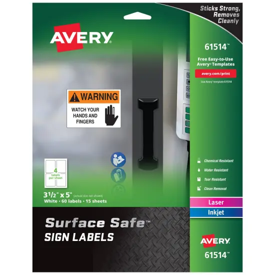 Avery Removable Label Safety Signs, 3-1/2" x 5", Printable, Water/Chemical Resistant, 60 Labels (61514) {1}