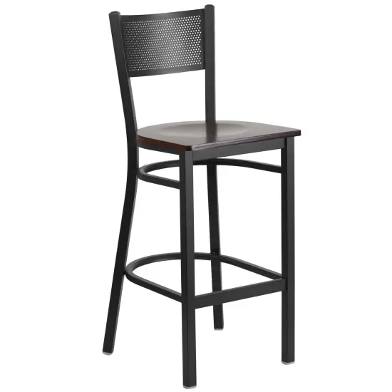 Emma and Oliver Grid Back Metal Restaurant Dining Barstool Walnut/BlackMetal {1}