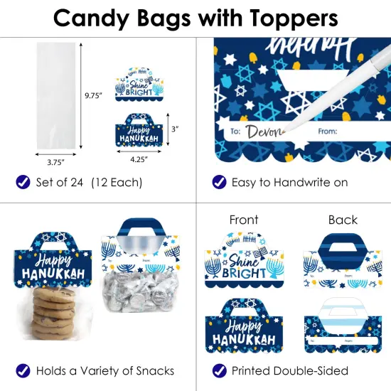 Big Dot of Happiness Hanukkah Menorah - DIY Chanukah Holiday Party Clear Goodie Favor Bag Labels - Candy Bags with Toppers - Set of 24 {4}