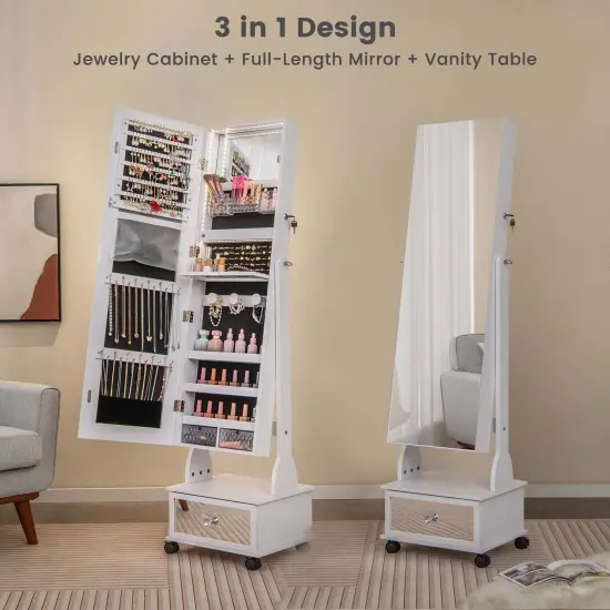 Costway Jewelry Cabinet Armoire Full-Length Mirror Lockable with 3-Color LED Lights Brown/Coffee/White {5}