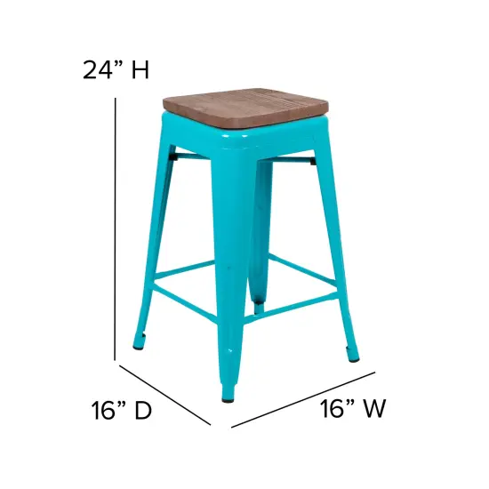 Merrick Lane Brooklyn 24 Inch Tall Stackable Metal Bar Counter Stool With Textured Elm Wood Seat In Set Of 4 Gun Metal {11}