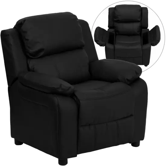 Emma and Oliver Deluxe Padded Contemporary Kids Recliner with Storage Arms Black LeatherSoft {1}