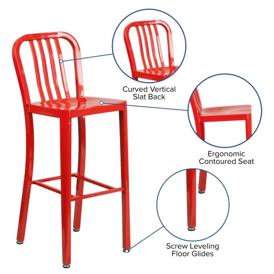 Merrick Lane Santorini 30 Inch Galvanized Steel Indoor/Outdoor Counter Bar Stool With Slatted Back And Powder Coated Finish Red {2}