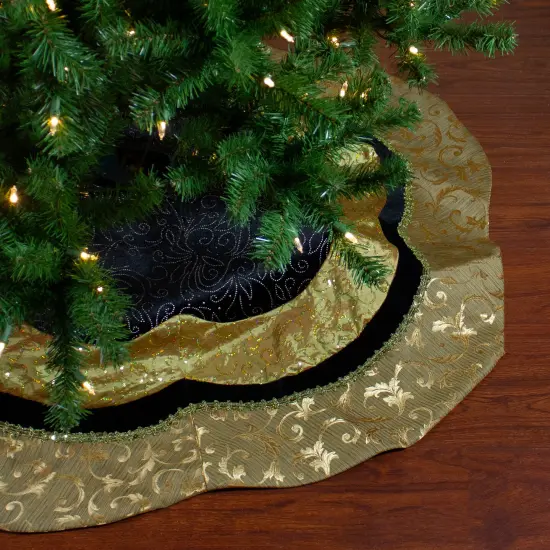 Northlight 48" Black and Gold Velveteen Floral Scallop Christmas Tree Skirt {1}