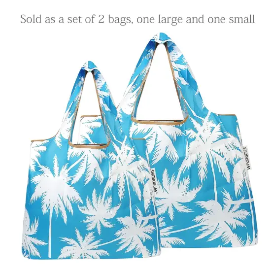Wrapables Large & Small Foldable Tote Nylon Reusable Grocery Bags, Set of 2 Palm Trees in Blue {3}