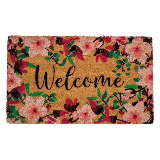Northlight Natural Coir Blossoming Floral Outdoor Rectangular "Welcome" Doormat 18" x 30" Brown {1}