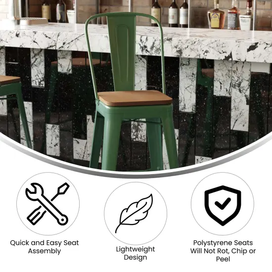 Emma and Oliver Kam Metal Indoor-Outdoor Stool with Removable Back and All-Weather Polystyrene Seat Green/Teak {2}