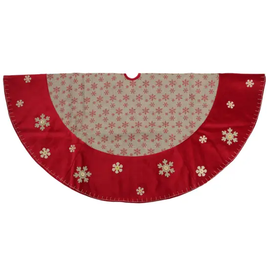 Northlight 60" Burlap Glittered Snowflake Rustic Christmas Tree Skirt with Red Velvet Trim Beige {3}