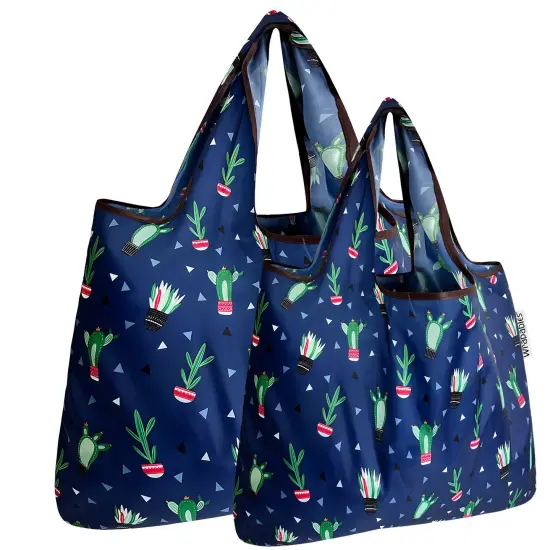 Wrapables Large & Small Foldable Tote Nylon Reusable Grocery Bags, Set of 2 Cactus Party {1}