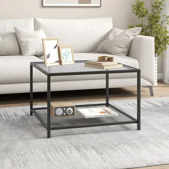 Costway Glass Coffee Table 27.5 Inch 2-Tier Square with Mesh Shelf Living Room Grey/Transparent {5}