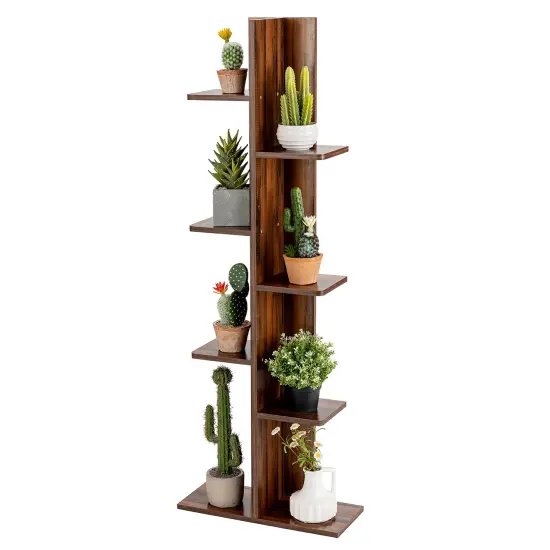 Costway Open Concept Bookcase Plant Display Shelf Rack Holder Wood Walnut\Brown {7}