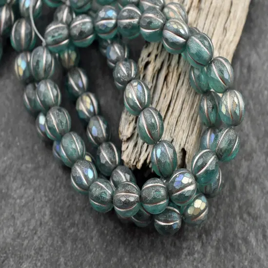 *20* 8mm Metallic Beige Washed Matte Teal AB Faceted Round Melon Beads {2}