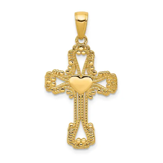14K Gold Beaded Cross With Heart Pendant Charm Jewelry 32mm x 18mm {1}