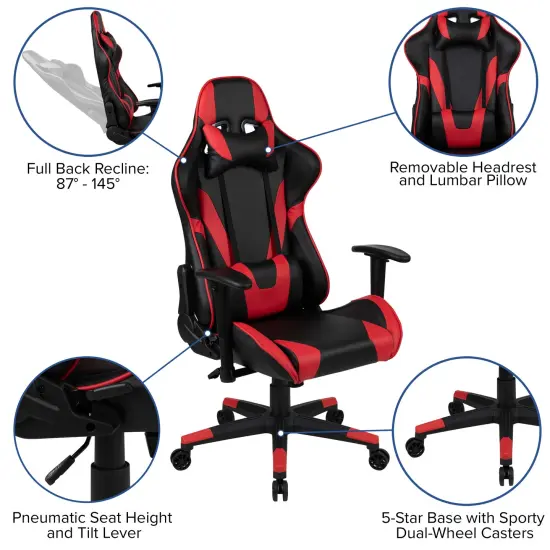 Emma and Oliver Gaming Bundle-Desk, Cup Holder/Headphone Hook & Reclining Chair Red {2}
