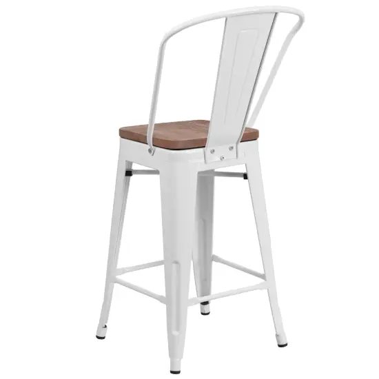 Merrick Lane Donnely Metal Dining Stool with Curved Slatted Back and Textured Wood Seat White {4}