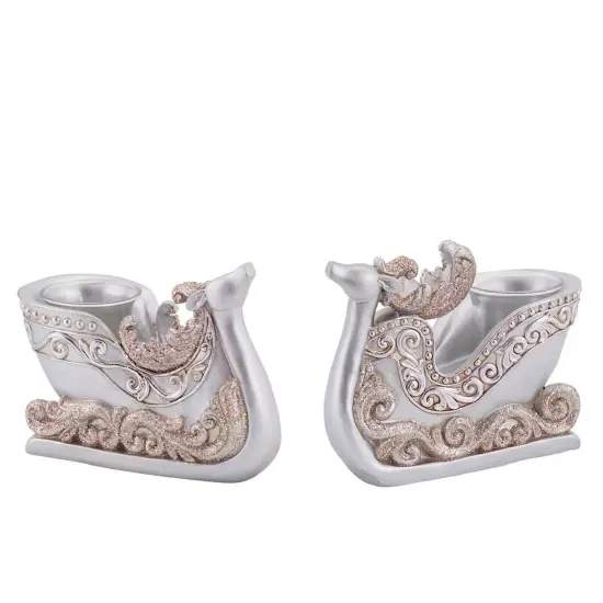 Diva At Home Set of 2 Silver Reindeer Sleigh Christmas Tea Light Candle Holders 4.5" {1}