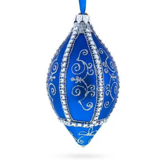 Jeweled Pattern on Blue Pointed Teardrop Finial Glass Christmas Ornament {1}