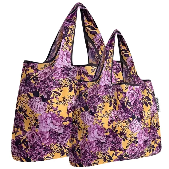 Wrapables Large & Small Foldable Tote Nylon Reusable Grocery Bags, Set of 2 Lavender Bloom {1}