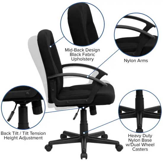 Emma and Oliver Mid-Back Fabric Executive Swivel Office Chair with Nylon Arms Black {2}